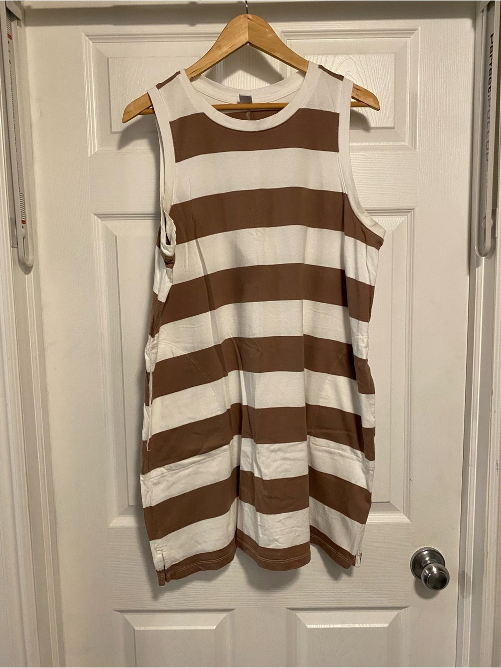 Women's Brown and White Striped Sleeveless Dress with Pockets